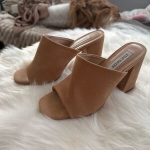 Steve Madden Saddle Tan Steve Madden Suede Open-Toe Block Heel Mules